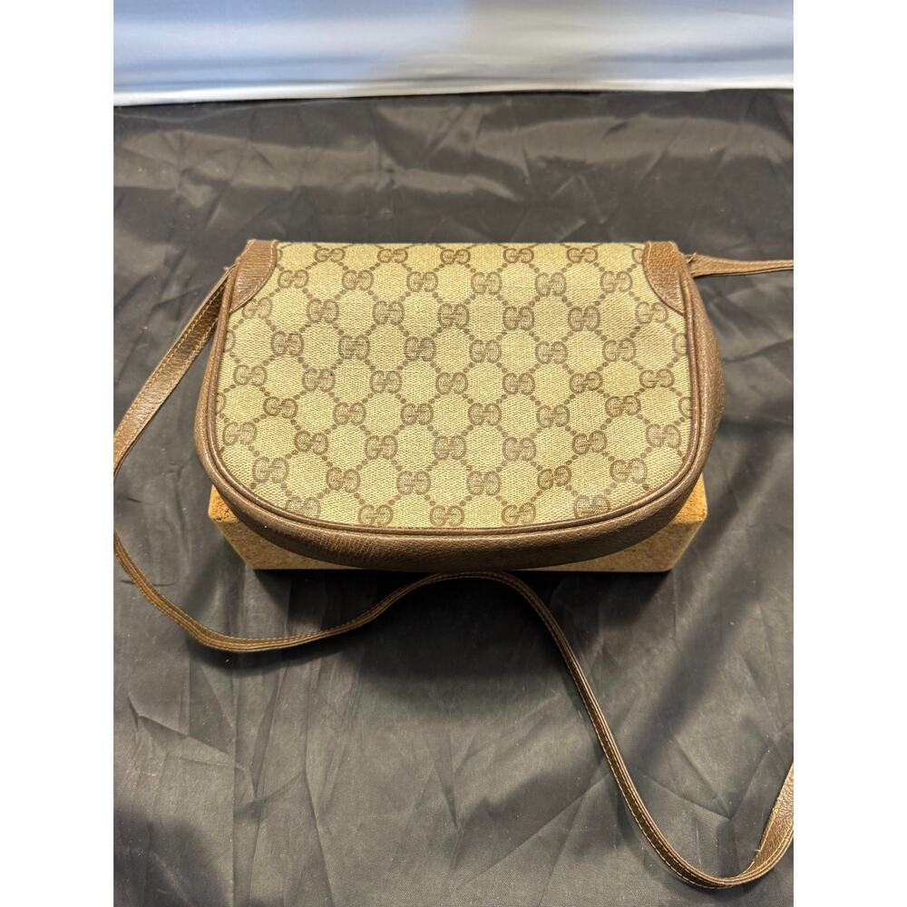 Vintage Gucci 1980s GG Supreme Canvas Brown Leather Crossbody Saddle Bag Italy - Picture 3 of 11
